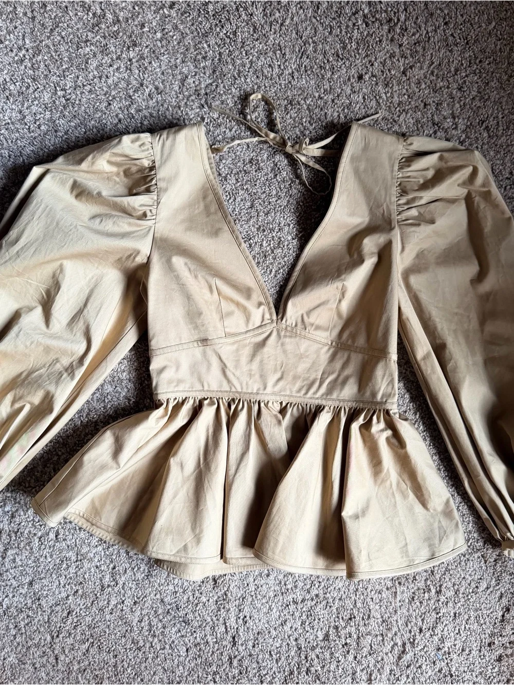 STAUD Beige Cotton Peplum Puff Sleeve Blouse